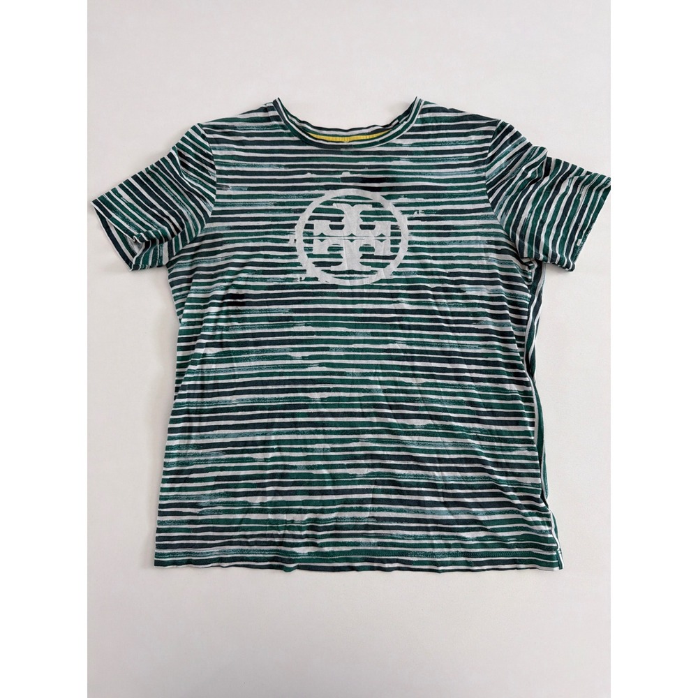 Tory Burch Green White Striped Pima Cotton Logo T-Shirt XS